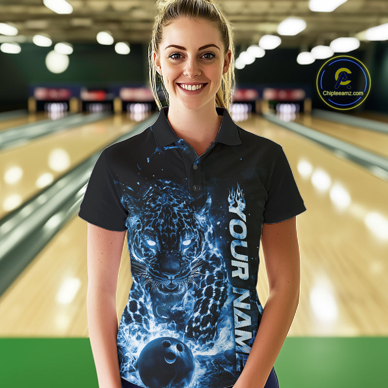 Custom Blue Flaming Leopard Women Bowling Shirts, Fire Bowling Team Shirt Bowler Uniform IPHW10714