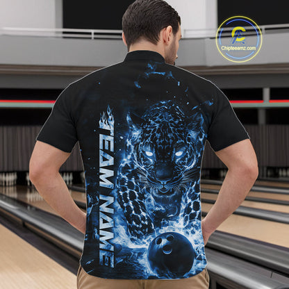 Custom Blue Flaming Leopard Men Bowling Shirts, Fire Bowling Team Shirt Bowler Uniform IPHW10714