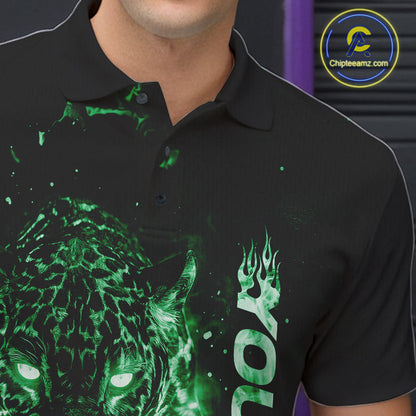 Custom Green Flaming Leopard Men Bowling Shirts, Fire Bowling Team Shirt Bowler Uniform IPHW10715