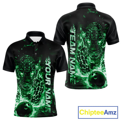 Custom Green Flaming Leopard Men Bowling Shirts, Fire Bowling Team Shirt Bowler Uniform IPHW10715