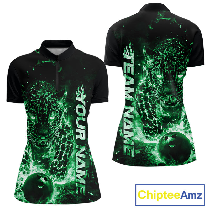 Custom Green Flaming Leopard Women Bowling Shirts, Fire Bowling Team Shirt Bowler IPHW10715