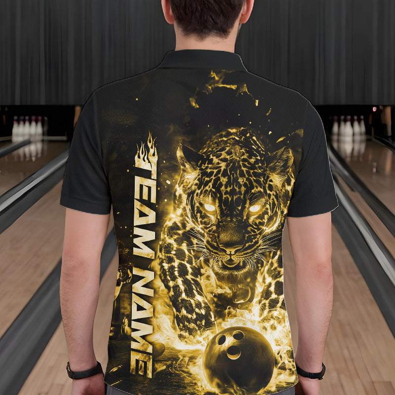 Custom Yellow Flaming Leopard Men Bowling Shirts, Fire Bowling Team Shirt Bowler Uniform IPHW10716
