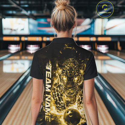 Custom Yellow Flaming Leopard Women Bowling Shirts, Fire Bowling Team Shirt Bowler IPHW10716