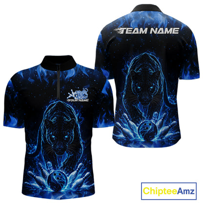 Front and back view of a mens black bowling quarter-zip shirt mockup featuring a glowing blue electric panther and bowling ball striking pins illustration.