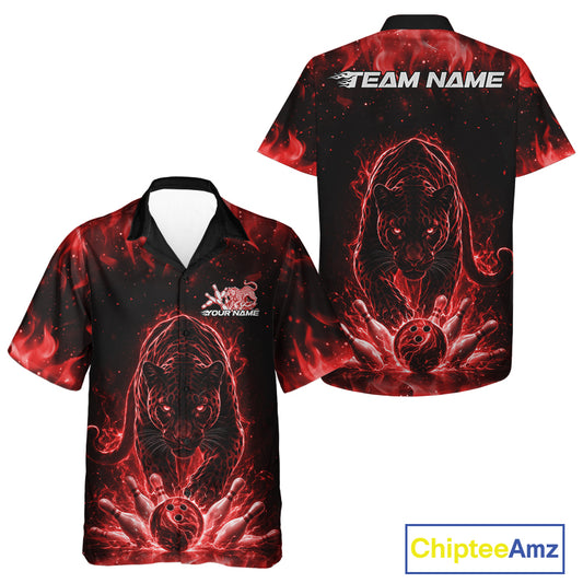Front and back view of a black button-up bowling shirt mockup featuring a glowing electric panther in red with bowling ball crashing through pins dynamic sports illustration.