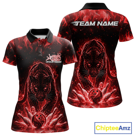 Front and back view of a womens black polo shirt mockup showcasing a glowing red electric panther and bowling ball striking pins dynamic artwork.