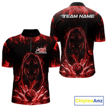 Load image into Gallery viewer, Custom Black And Red Flame Leopard Bowling Men Quarter-Zip Shirt, Bowling League Team Shirt IPHW11254