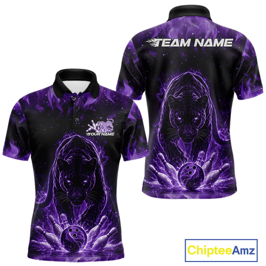 Front and back view of a mens black polo shirt mockup featuring a glowing purple electric panther with bowling ball crashing through pins dynamic design.