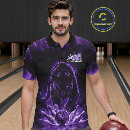 Front view of a male model in a bowling lane wearing a black polo shirt with glowing purple electric panther and energetic bowling strike illustration.