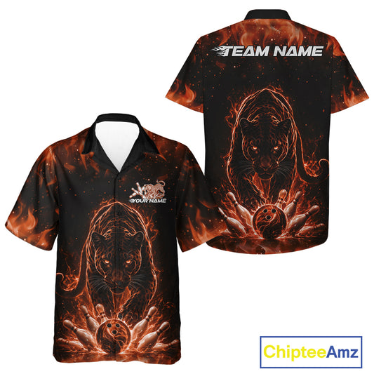Front and back view of a black button-up bowling shirt mockup featuring a glowing electric panther in orange with bowling ball crashing through pins dynamic artwork.