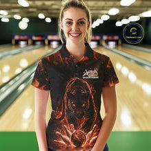 Load image into Gallery viewer, Custom Black And Orange Flame Leopard Bowling Women Polo Shirt, Bowling League Team Shirt IPHW11256