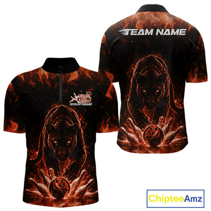 Front and back view of a mens black bowling quarter-zip shirt mockup featuring a glowing electric panther and bowling ball crashing through pins in orange tones.