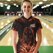 Load image into Gallery viewer, Custom Black And Orange Flame Leopard Bowling Women Shirt, Bowling League Team Shirt IPHW11256