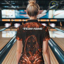 Load image into Gallery viewer, Custom Black And Orange Flame Leopard Bowling Women Shirt, Bowling League Team Shirt IPHW11256