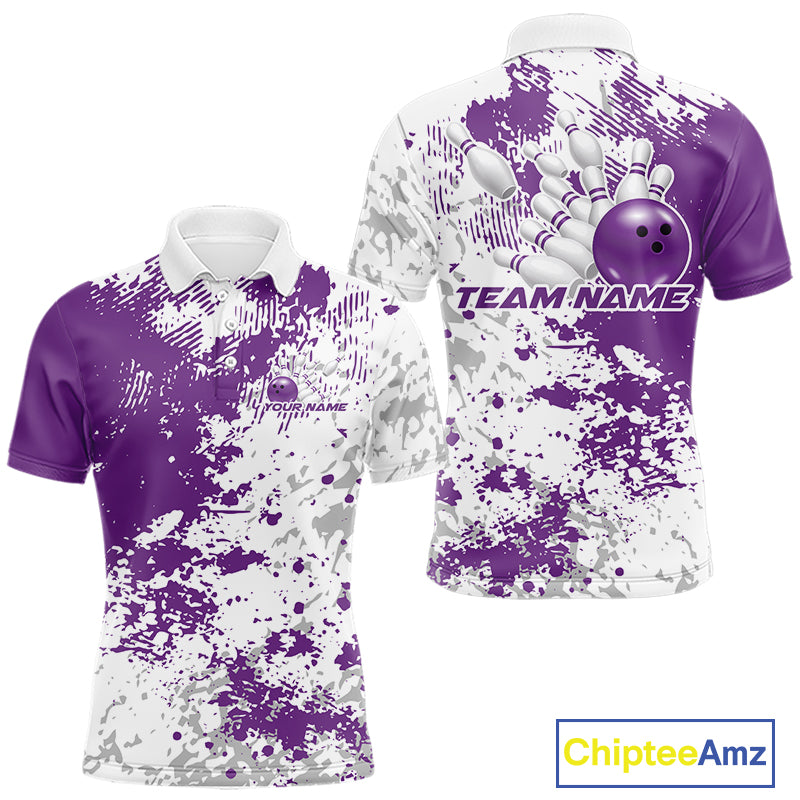 Front and back view of a mens bowling polo shirt mockup featuring purple and white splatter background with modern athletic bowling styling.