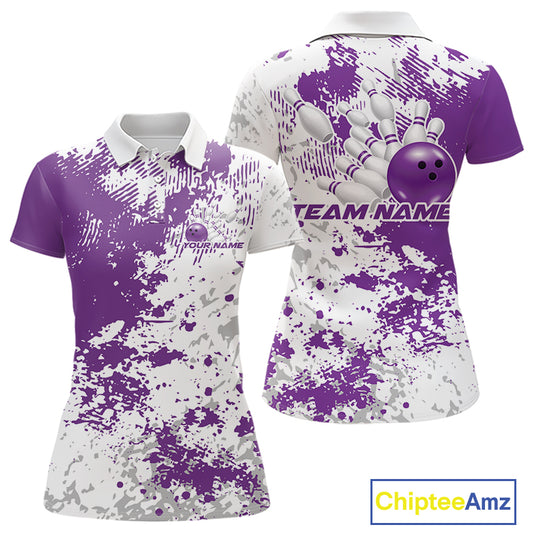 Womens polo shirt mockup front and back, white shirt with purple and white splatter background, minimal apparel presentation
