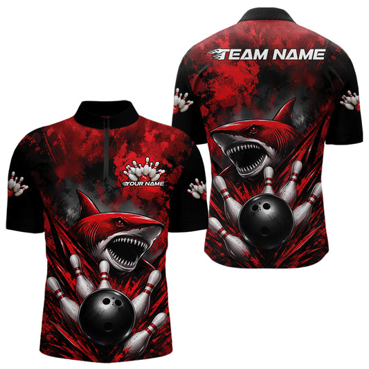 Red and black bowling shirt with shark design and customizable text on a white background