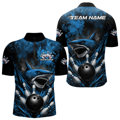 Bowling jersey with shark design and customizable text on a white background