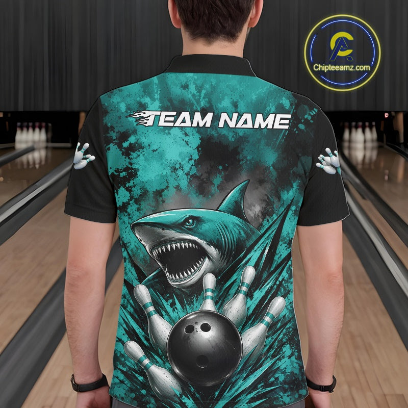 Person wearing a bowling shirt with a shark design and 'Team Name' text in a bowling alley.