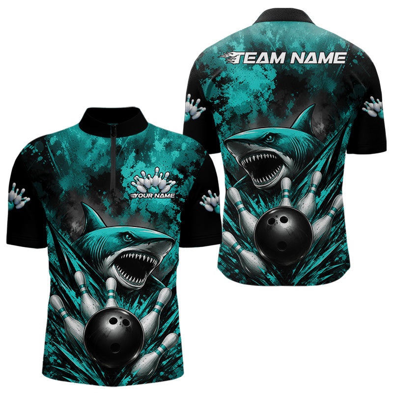 Teal and black bowling shirt with shark design and 'Team Name' text on a white background