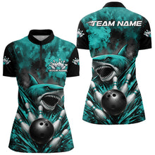Load image into Gallery viewer, Teal and black bowling shirt with shark design and 'Team Name' text on a white background