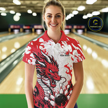 Load image into Gallery viewer, Woman wearing a red and white dragon-themed bowling shirt in a bowling alley.