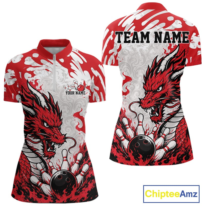 Red and white bowling jersey with dragon design and customizable text on a white background