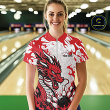 Load image into Gallery viewer, Person wearing a red and white dragon-themed bowling shirt in a bowling alley.