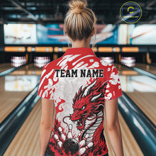 Load image into Gallery viewer, Person wearing a red and white bowling shirt with a dragon design in a bowling alley.