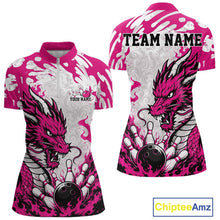 Load image into Gallery viewer, Pink and white bowling jersey with dragon design and customizable text on a white background