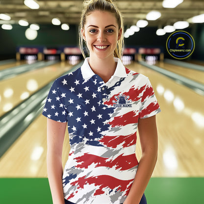 Woman wearing a patriotic-themed shirt with a bowling alley in the background