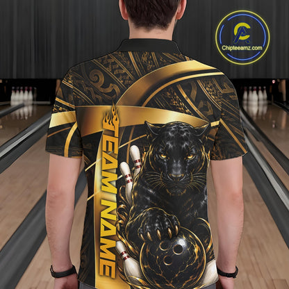 A person viewed from behind wearing a short-sleeve bowling-themed polo shirt with a black and gold graphic design featuring a panther, bowling pins, and the text 'TEAM NAME'. The background shows bowling lanes, and a 'Chipteamz.