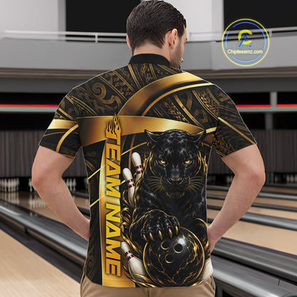 A man viewed from behind wearing a short-sleeve bowling shirt with a black and gold graphic design featuring a panther and bowling pins. The shirt has 'TEAM NAME' printed vertically on the back.