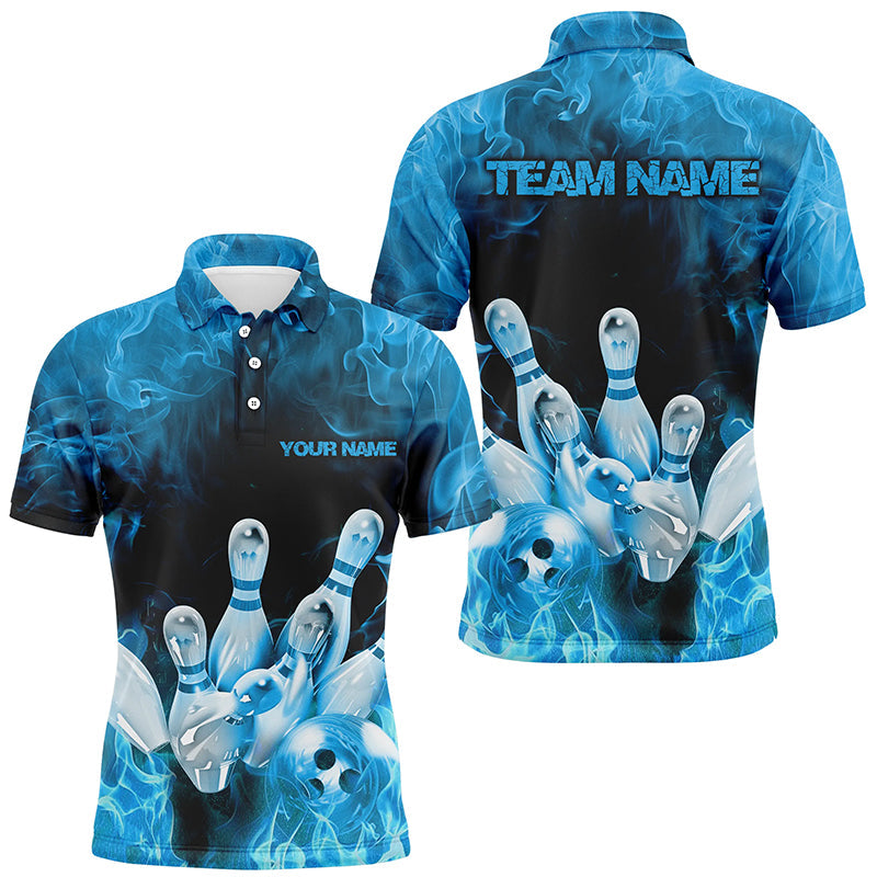 Custom Fire Strike Bowling Shirts For Men, Blue Flame Bowling League Shirts Bowling Team IPHW7119