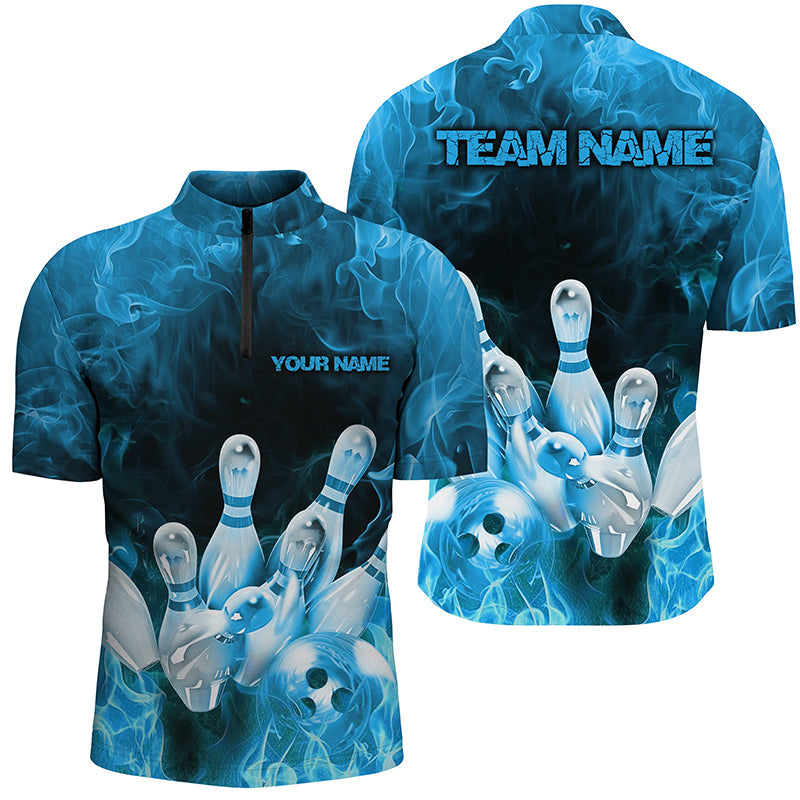 Custom Fire Strike Bowling Shirts For Men, Blue Flame Bowling League Shirts Bowling Team IPHW7119