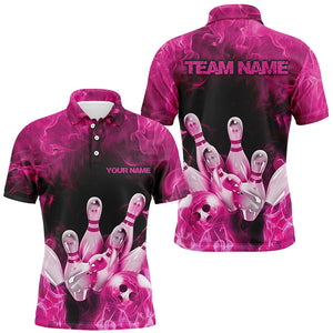 Custom Fire Strike Bowling Shirts For Men, Pink Flame Bowling League Shirts Bowling Team IPHW7120