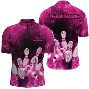 Custom Fire Strike Bowling Shirts For Men, Pink Flame Bowling League Shirts Bowling Team IPHW7120