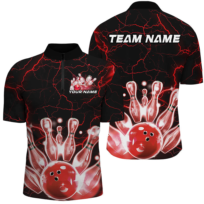 Black And Red Thunder Lightning Custom Bowling Polo Shirts For Men, Bowling League Shirts IPHW7122