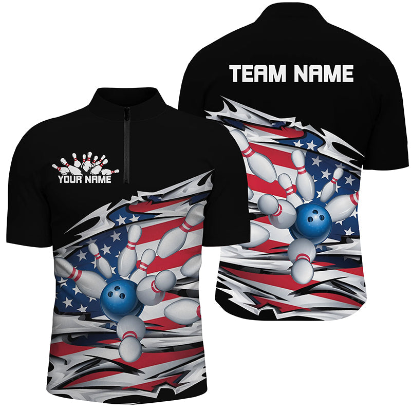 Custom Patriotic Bowling Shirts For Men, American Flag Bowling League Shirts Bowling Uniform IPHW7432