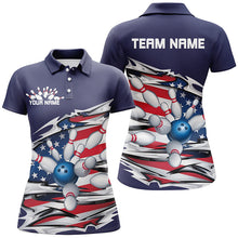 Load image into Gallery viewer, Custom Patriotic Ladies Bowling Shirts, American Flag Bowling League Shirts Uniform | Navy IPHW7433