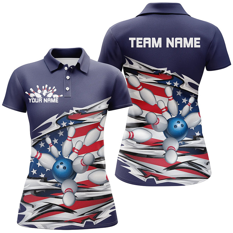 Custom Patriotic Ladies Bowling Shirts, American Flag Bowling League Shirts Uniform | Navy IPHW7433