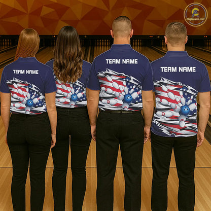 Custom Patriotic Bowling Shirts For Men, US Bowling League Shirts Uniform | Navy IPHW7433