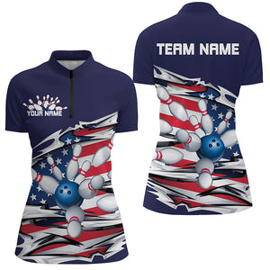 Custom Patriotic Ladies Bowling Shirts, American Flag Bowling League Shirts Uniform | Navy IPHW7433