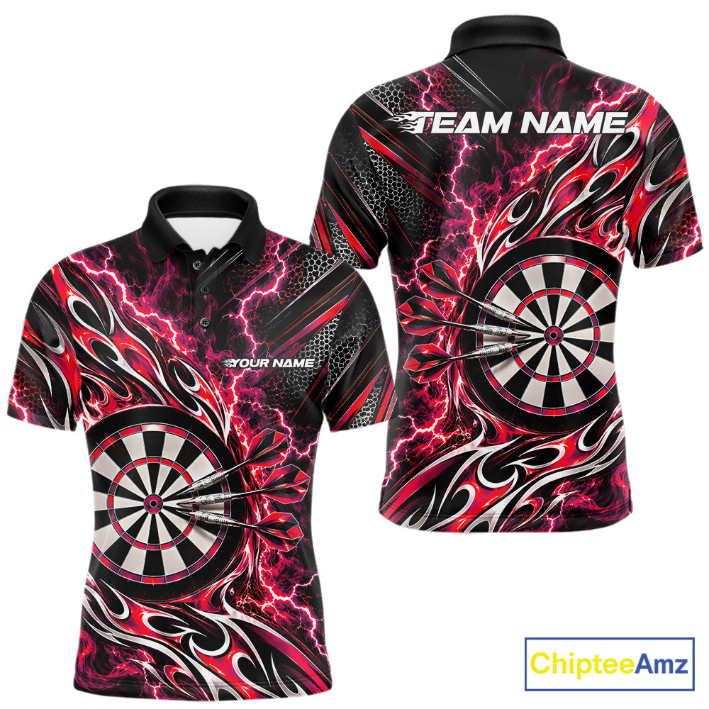 Custom Black And Red Flame And Lightning Dart Team Polo Shirt For Men, Dart Jersey IPHW12585