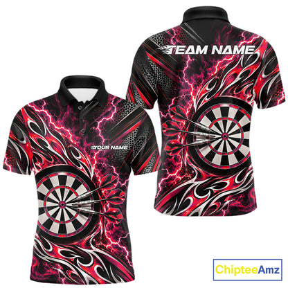Custom Black And Red Flame And Lightning Dart Team Polo Shirt For Men, Dart Jersey IPHW12585
