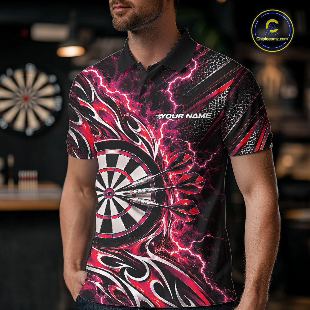 Custom Black And Red Flame And Lightning Dart Team Polo Shirt For Men, Dart Jersey IPHW12585