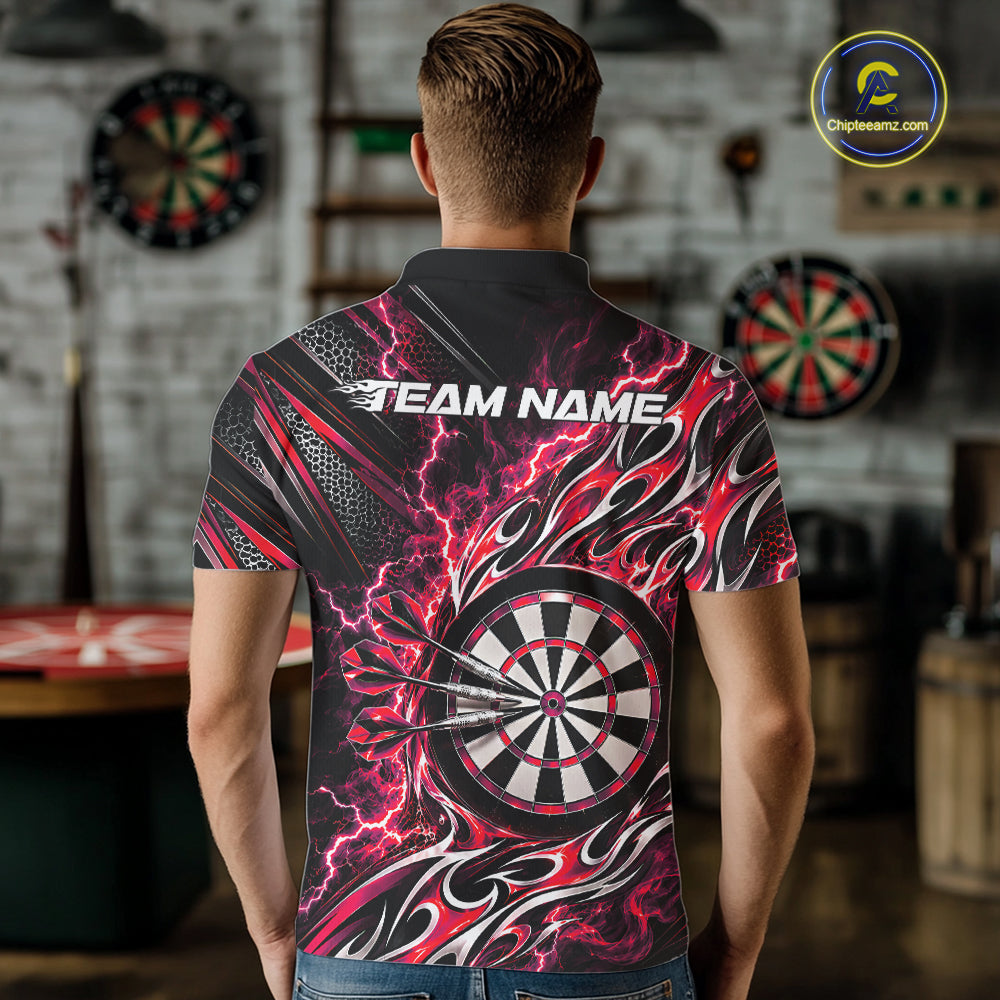 Custom Black And Red Flame And Lightning Dart Team Polo Shirt For Men, Dart Jersey IPHW12585