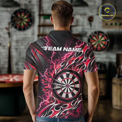 Custom Black And Red Flame And Lightning Dart Team Polo Shirt For Men, Dart Jersey IPHW12585