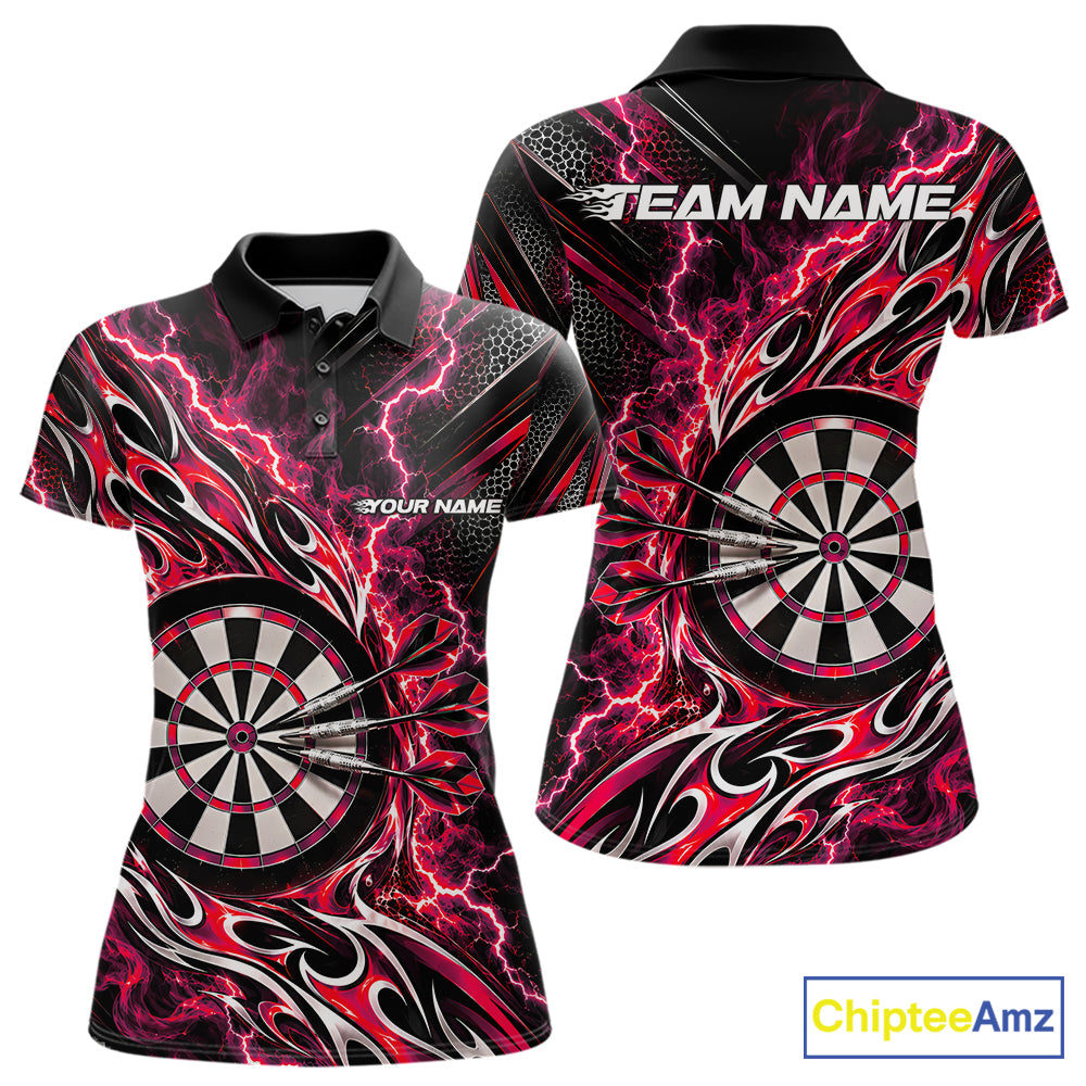 Custom Black And Red Flame And Lightning Dart Team Polo Shirt For Women, Dart Jersey IPHW12585