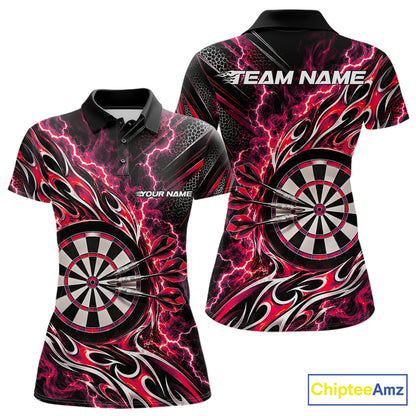 Custom Black And Red Flame And Lightning Dart Team Polo Shirt For Women, Dart Jersey IPHW12585